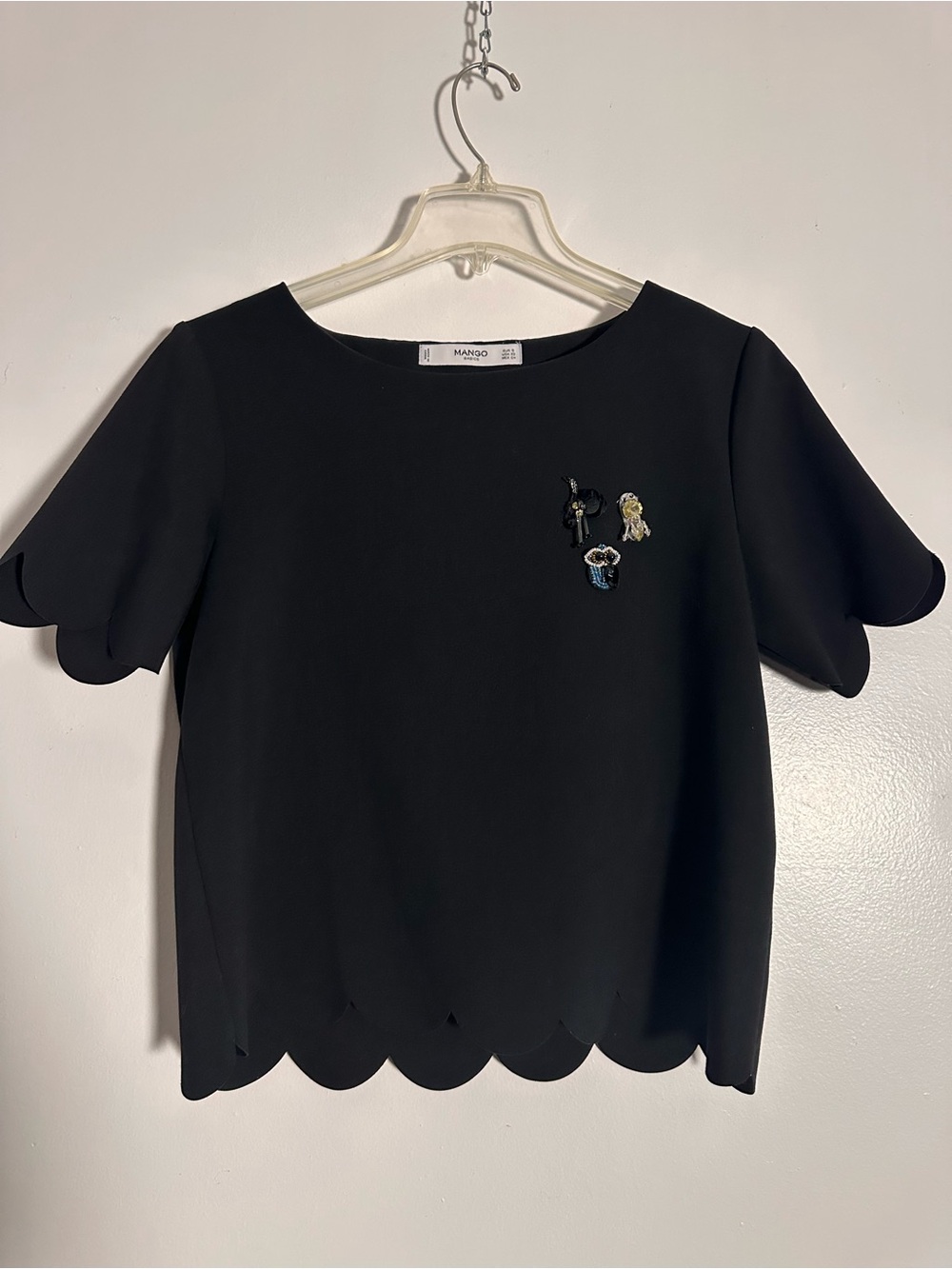 MANGO Basics Black Scalloped Short Sleeve Blouse with Bead Patches Size XS